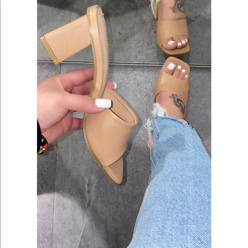 Tan Square Open Toe Chunky Heel Mule Mid Heel Sandals